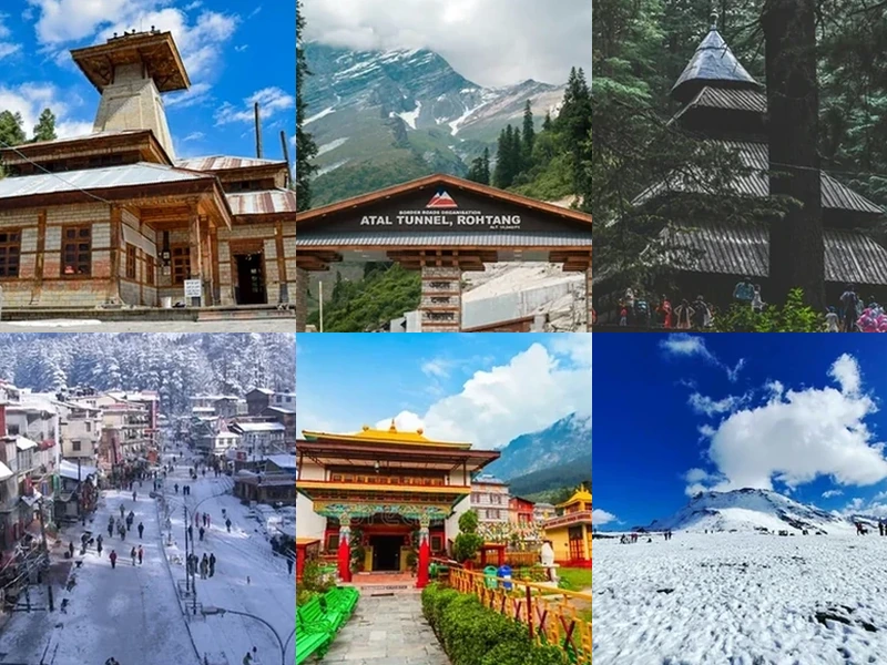 Manali destinations including local temples, Atal Tunnel, Mall Road and snowy mountain scenery